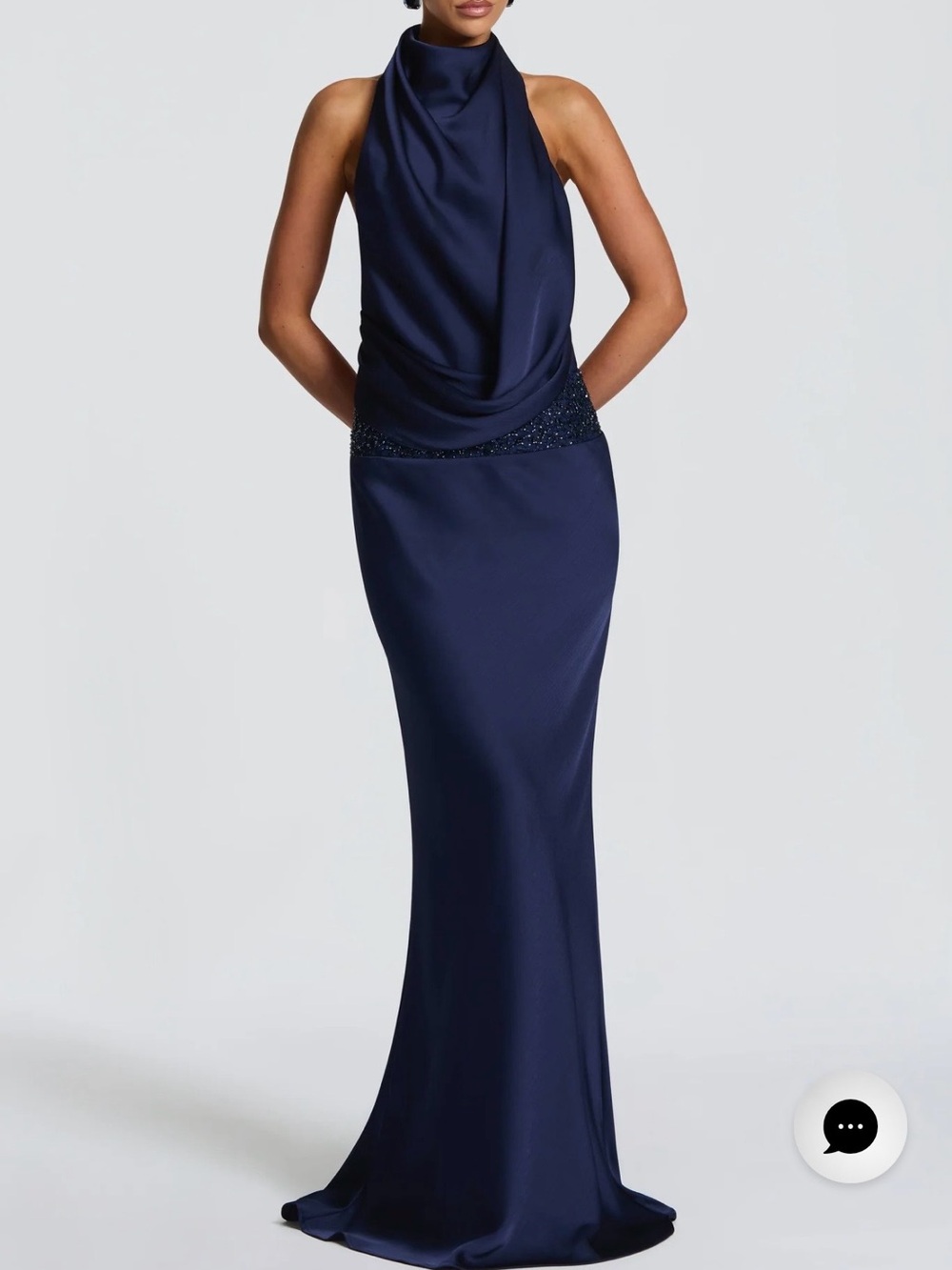 BABYBOO Armelle Navy Embellished Satin Maxi Dress Size S NWT